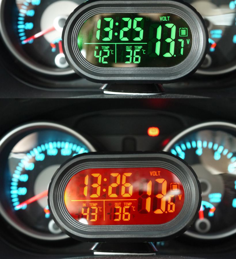 มิเตอร์วัดvolt+แสดงระดับแบต+เทอร์โมมิเตอร์2จุดในรถและนอกรถ + นาฬิกา 4in1